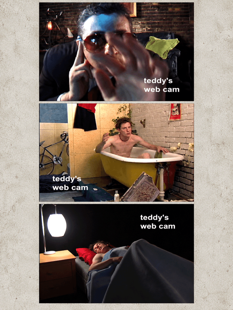 Three original “teddy’s web cam” video stills from the Minneapolis Contra Club project in 2000, featuring The Man, Teddy Maki in a bathtub, and Teddy sleeping.